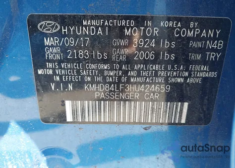 2017 Hyundai Elantra Value Edition from USA, damaged, VIN KMHD84LF3HU424659